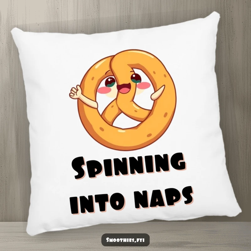 Funny Pretzel Pillow featuring a happy, grinning pretzel character doing a delightful spin, perfect for comfort.