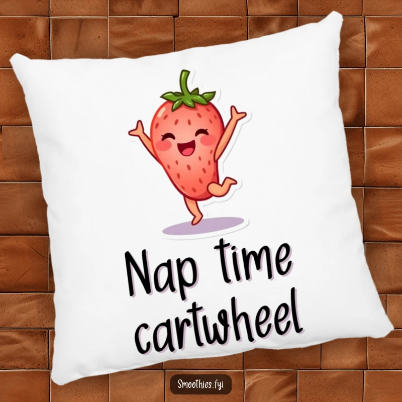 Funny strawberry character pillow doing a cartwheel with a happy expression, soft and humorous fruit decor.