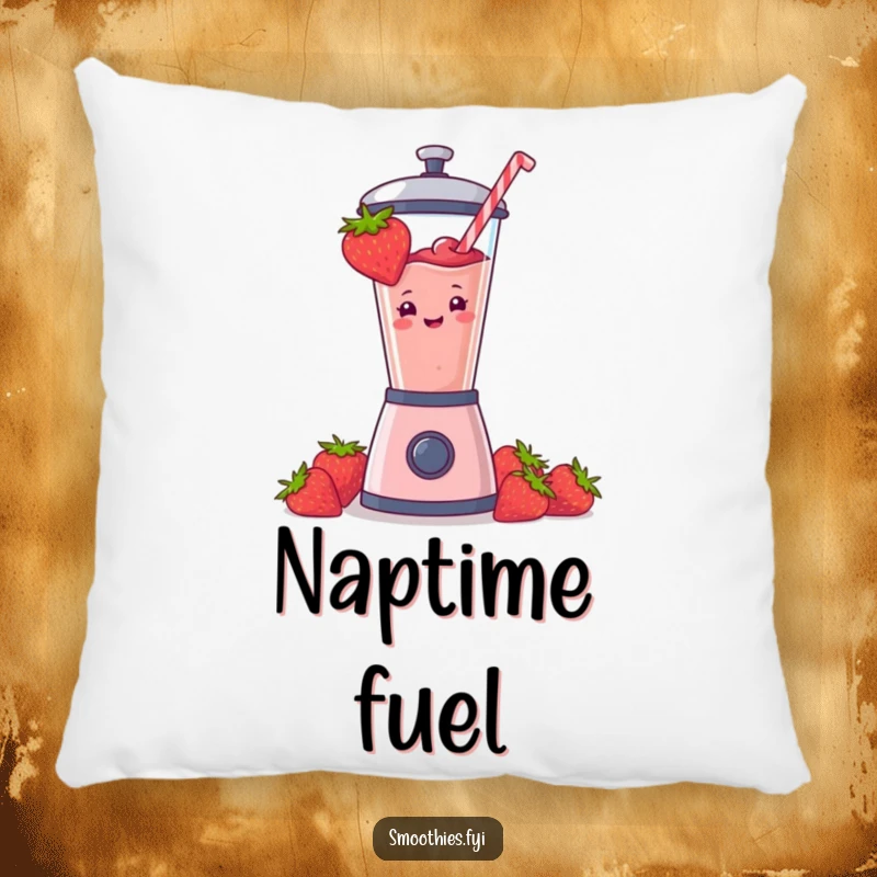 Funny strawberry smoothie character adorning a soft pillow, ready to bring comfort and laughs. A humorous home decor piece.