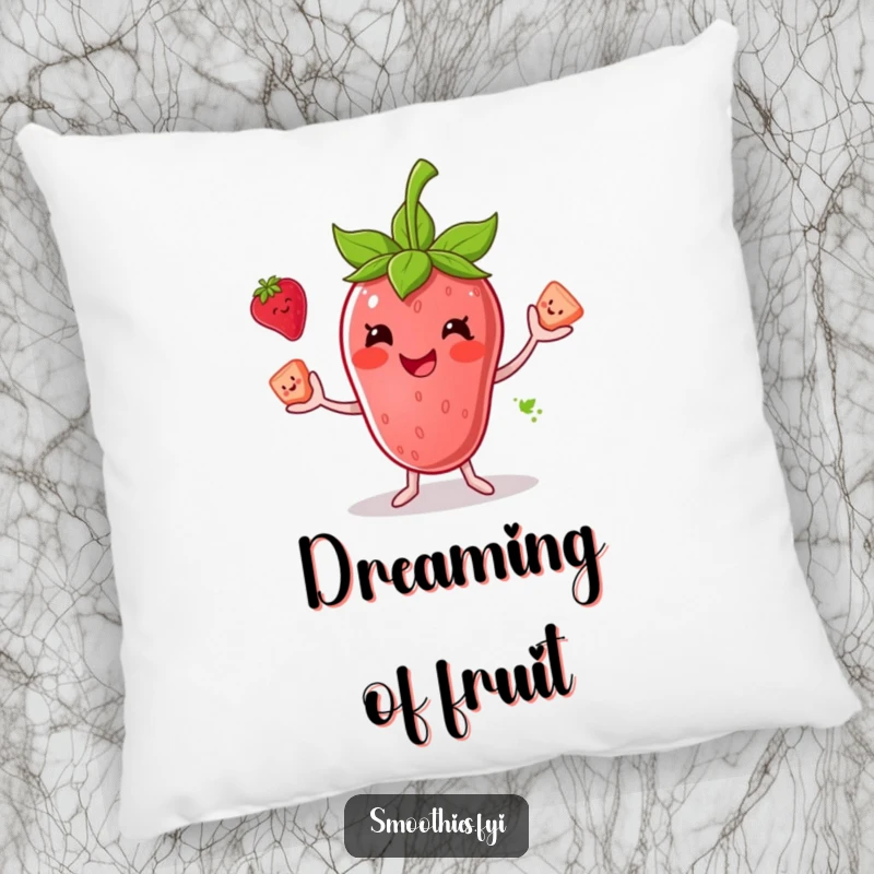 Funny decorative pillow with a smiling anthropomorphic strawberry smoothie juggling fruit, offering both comfort and visual amusement.