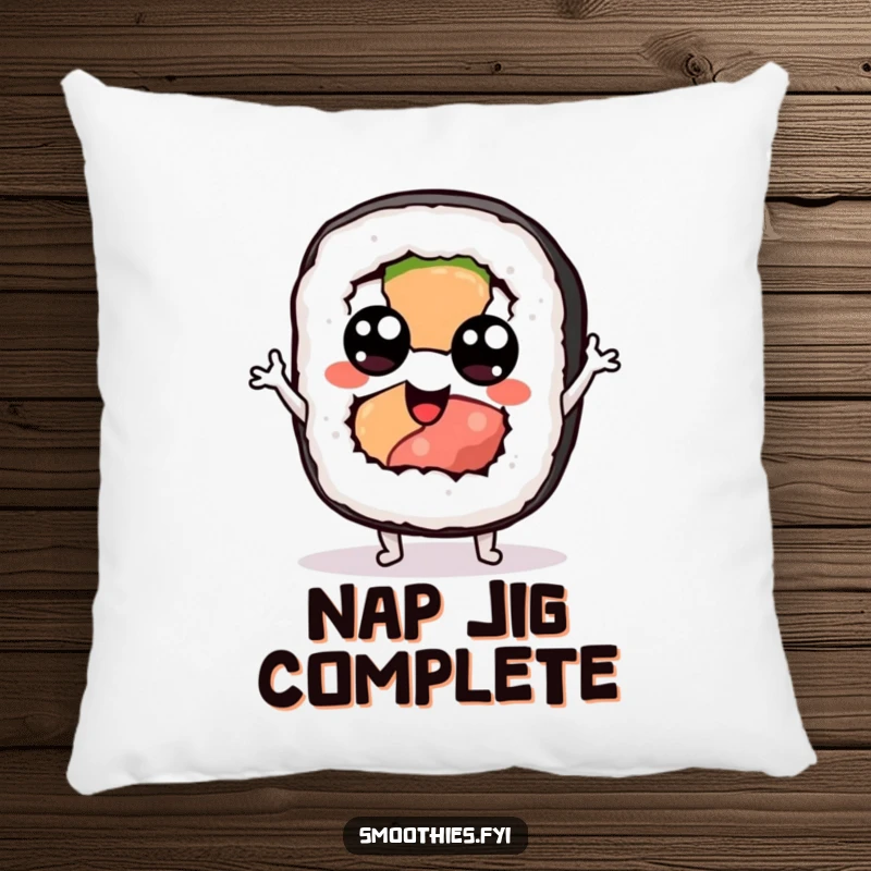 Funny sushi pillow with a googly-eyed sushi roll character doing a silly jig, offering comfort and playful humor.