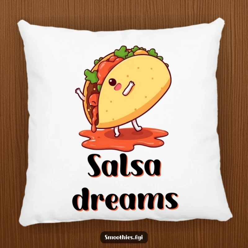 A dynamic taco doing a cartwheel with salsa splashing, a soft and humorous pillow for ultimate comfort.