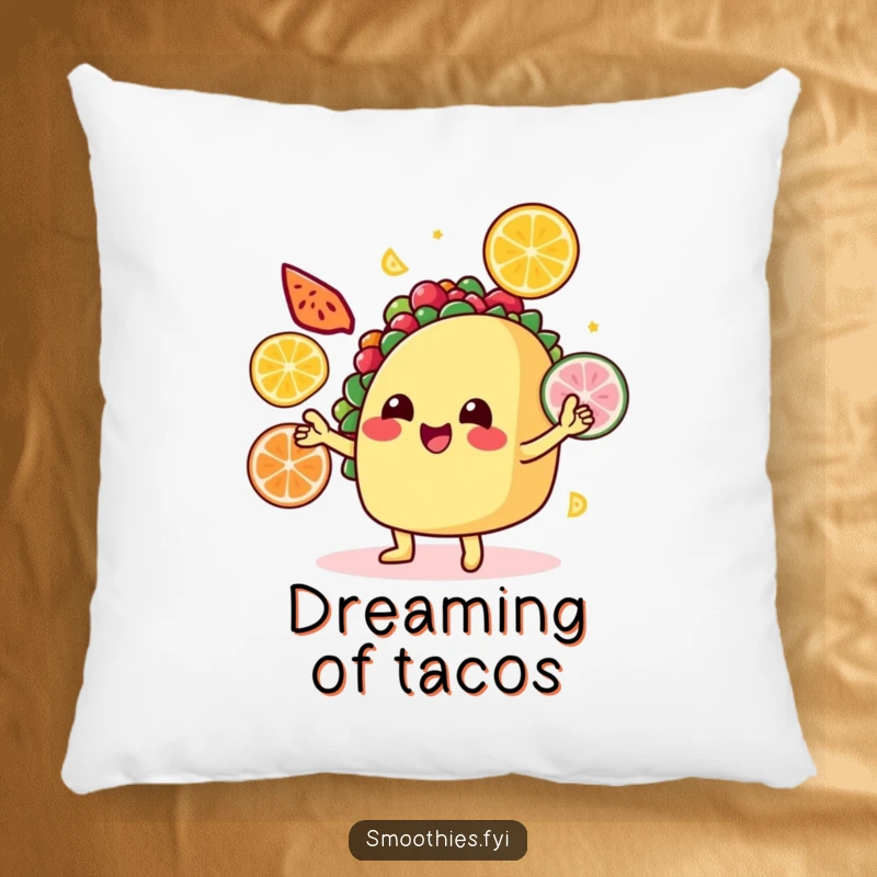 Funny Pillow: A smiling taco juggles colorful fruit slices, offering a comfortable and humorous accent for sofas.