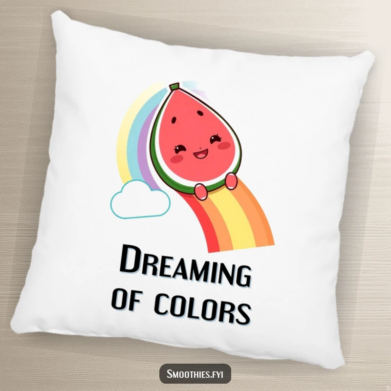 Funny grinning watermelon character pillow sliding down a rainbow, soft and funny fruit decor.
