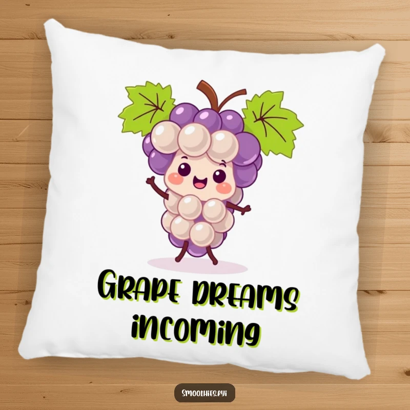 Funny kawaii grape bunch pillow, smiling and doing a happy jig, a soft and humorous decor item.