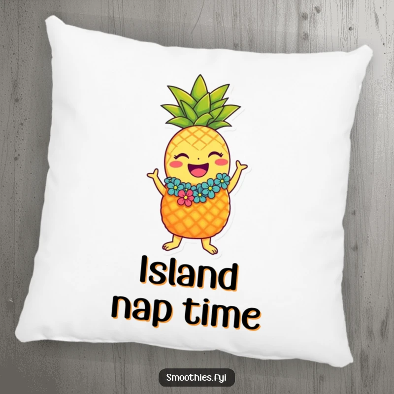 Funny laughing pineapple character pillow with lei doing the hula, soft and funny tropical decor.