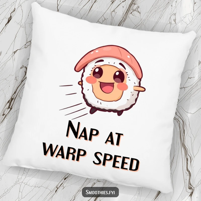 Funny pillow with a smiling sushi character zooming forward with speed lines, adding a touch of playful comfort and humor to any seating area.