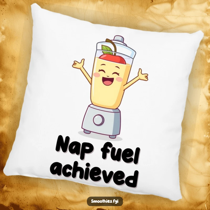 Funny apple smoothie character happily jumping within a blender, a soft and humorous pillow for ultimate comfort.
