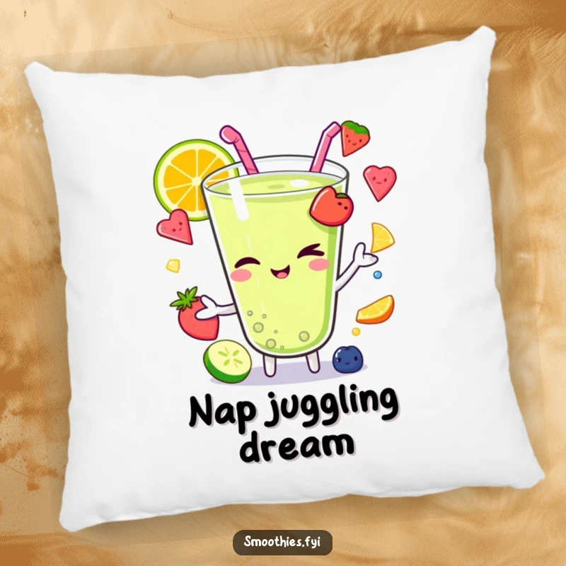 Funny Kawaii smoothie character winking while juggling colorful fruit pieces, bringing playful charm and comfort to a soft, decorative pillow.