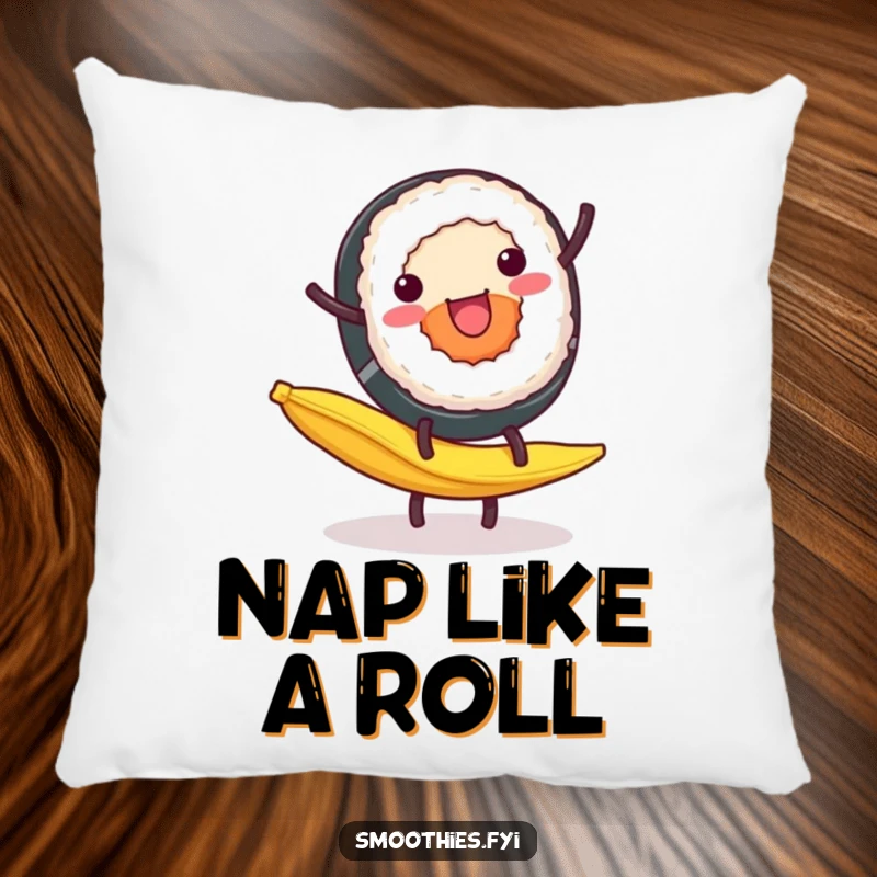 Funny Pillow: A cheerful sushi roll performs a cartwheel on a banana peel, a fun and comfortable accent pillow.