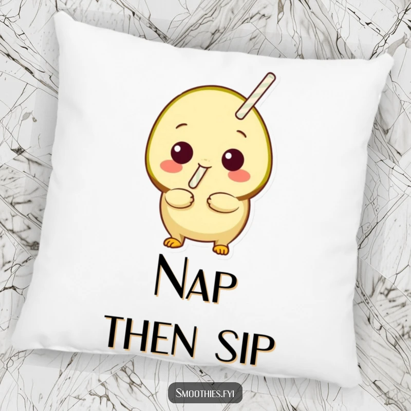 Funny playful kiwi with a straw sticking out, ready to sip, on a pillow, providing soft comfort and a humorous vibe.