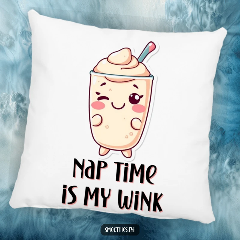 Funny Kawaii smoothie pillow, cheerful character giving a playful wink, soft and humorous decorative pillow.