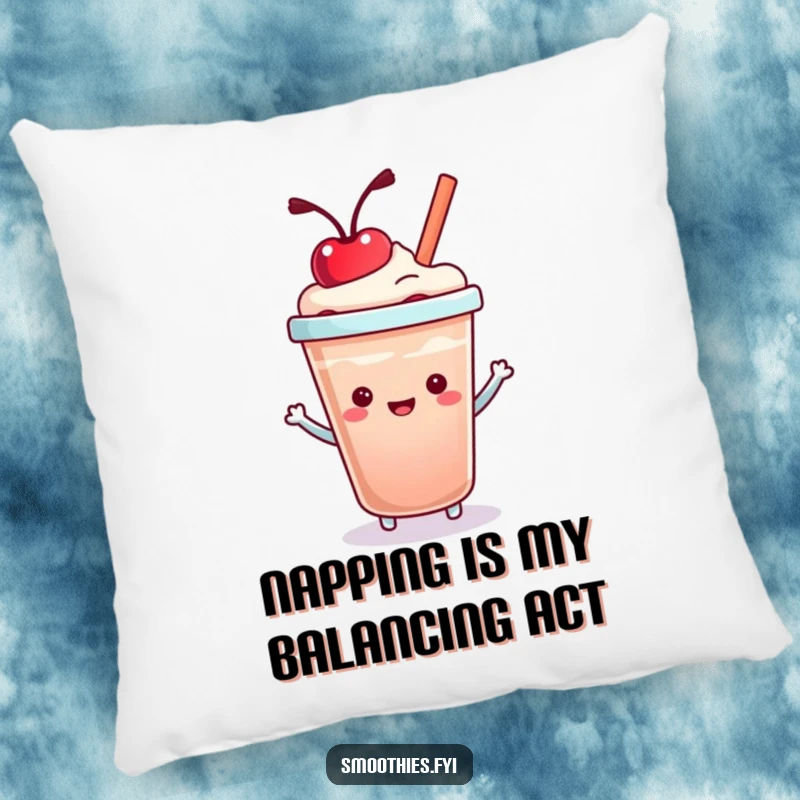 Funny Kawaii Smoothie Cup Pillow featuring a joyful character bouncing a cherry, offering comfort and a splash of humor.