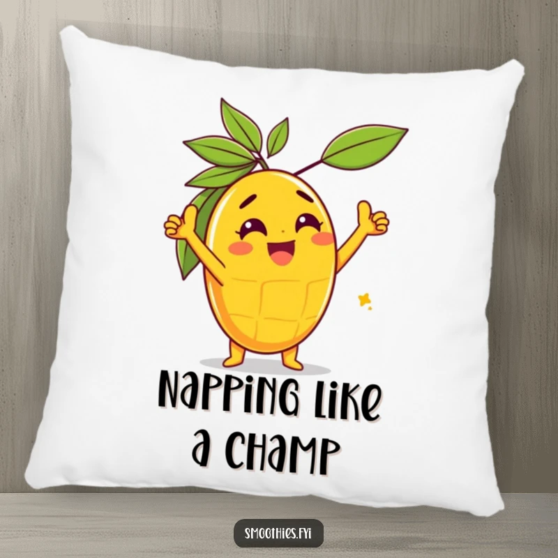 Funny gleeful mango character performing a triumphant pose on a soft pillow for humorous, celebratory decor.