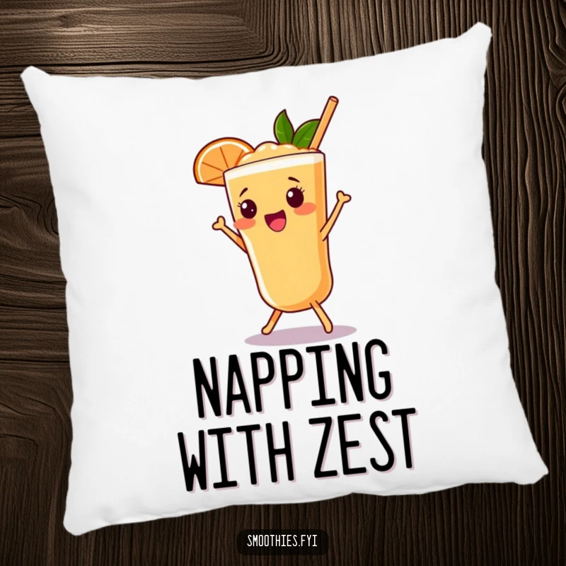 Funny grapefruit smoothie pillow featuring a beaming character doing a cute shimmy, perfect for coziness.