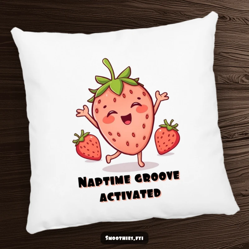 Funny pillow with a soft texture, showcasing a joyful strawberry character performing a whimsical silly dance.