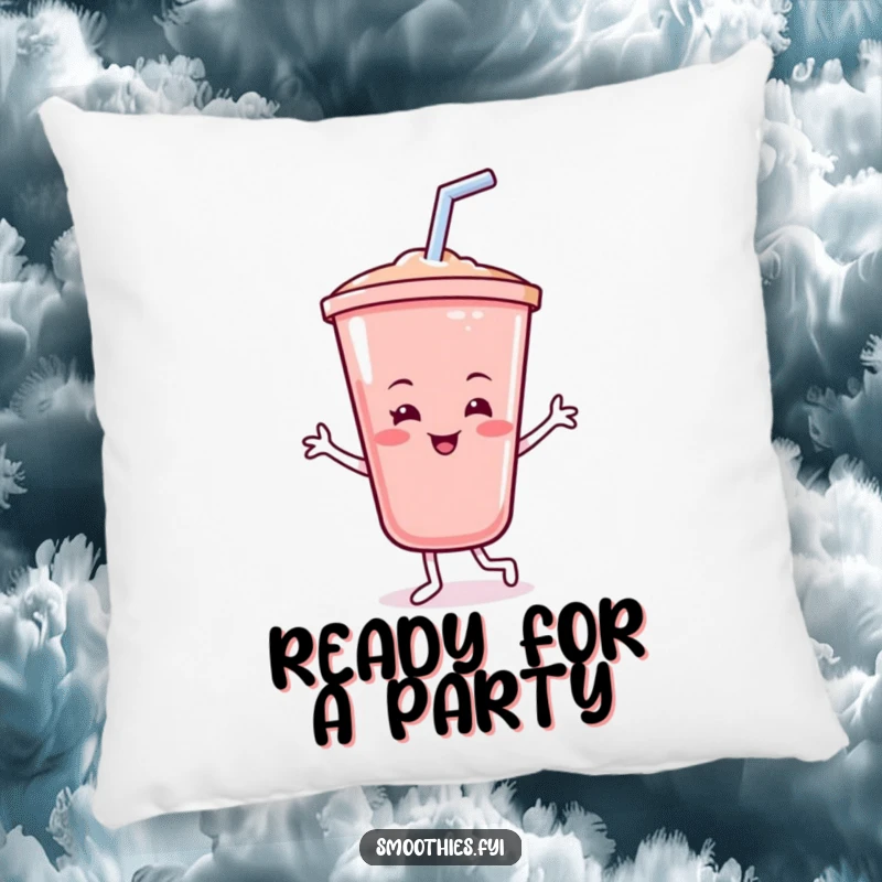 Funny smoothie pillow with a cheerful smoothie cup doing a happy dance with its straw, its smiling face bringing blended comfort and joy.