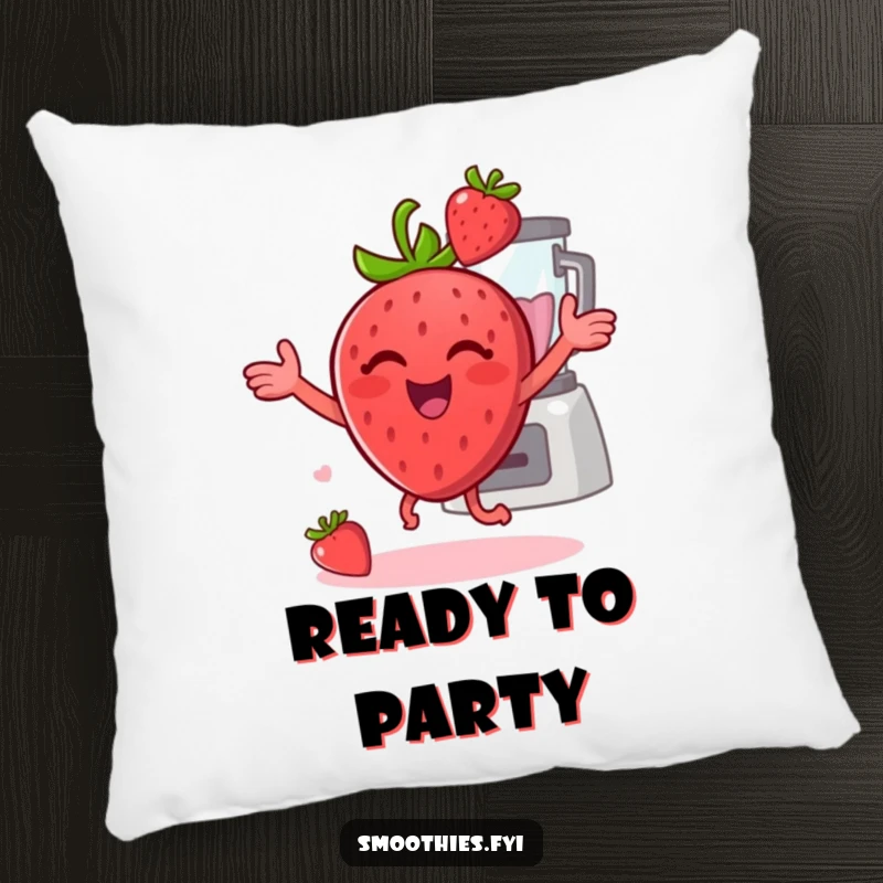 Funny strawberry dancing happily with a blender in the background on a pillow, providing comfort and a cheerful vibe.