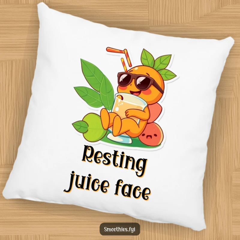 Funny orange character wearing sunglasses, relaxing in a smoothie, featured on a soft pillow, adding humor and comfort to any seating area.