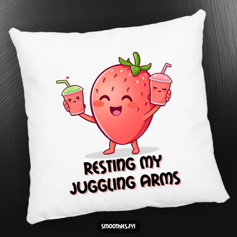 Funny Strawberry character juggling tiny smiling smoothie cups, depicted on a comfortable and funny pillow.