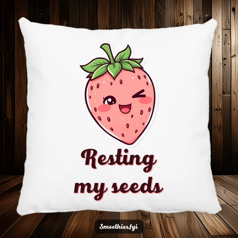 Funny pillow with a cheerful strawberry character giving a sly wink, perfect for adding a touch of playful comfort to any space.