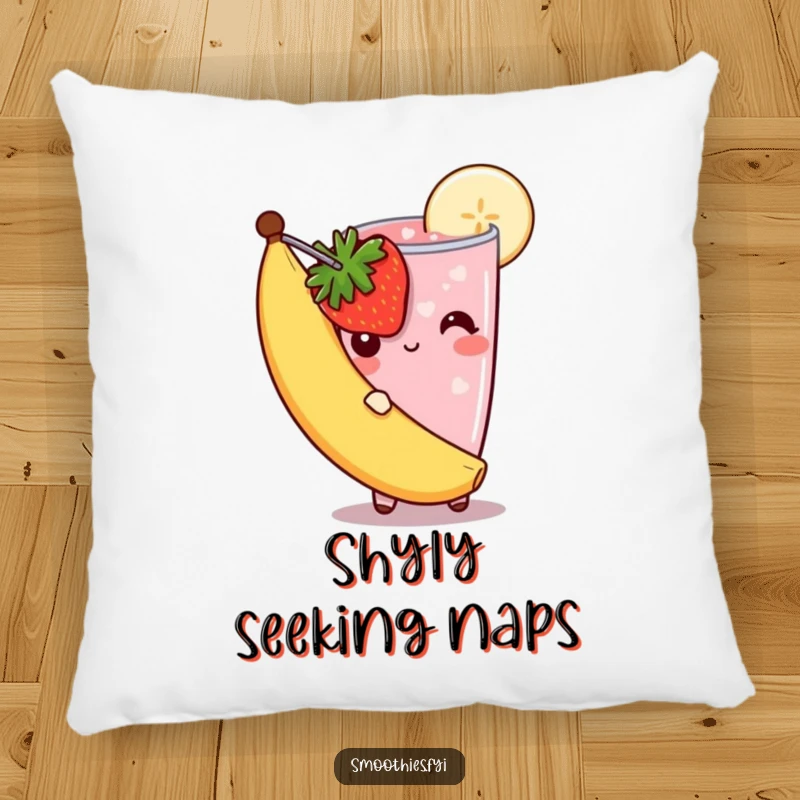 Funny shy smoothie pillow with a strawberry smoothie peeking from behind a banana slice, its bashful look radiating sweet, cozy humor.