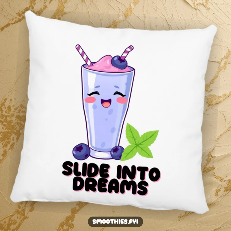 Funny blueberry smoothie character sliding down a straw on a soft pillow, bringing comfort and gentle humor. A funny gift.