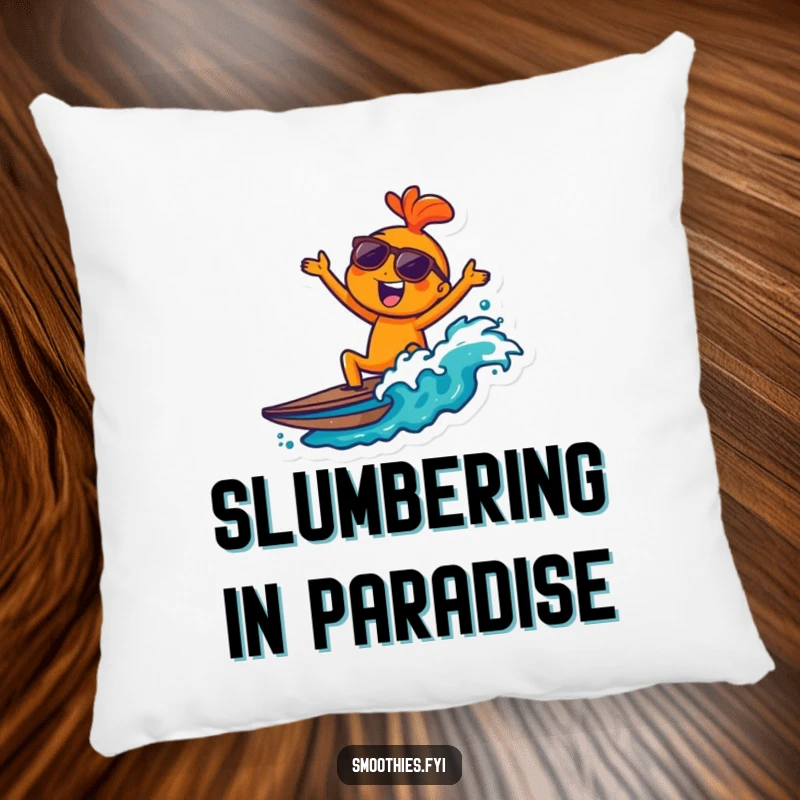 Funny orange character with sunglasses surfing a wave, printed on a soft pillow for humorous, beach-themed decor.