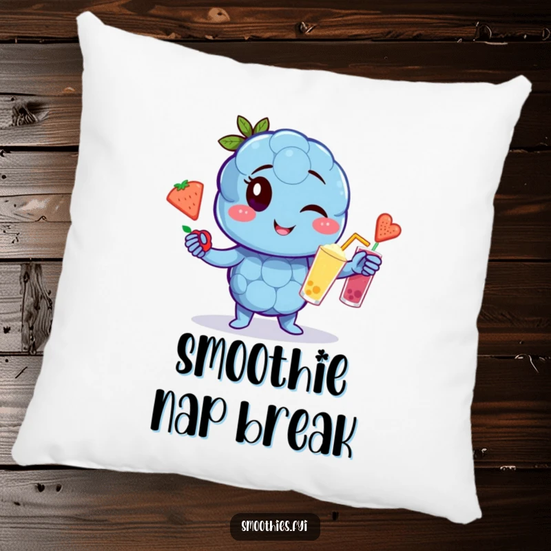 Funny winking blueberry character pillow juggling fruit smoothies, soft and funny fruit decor.