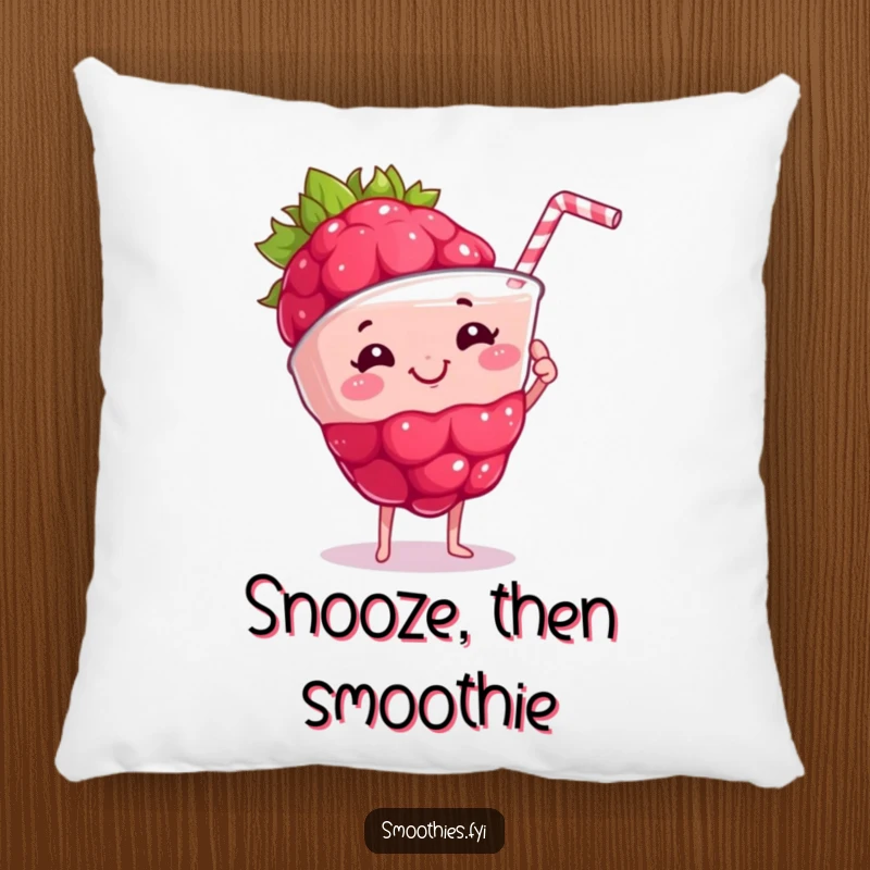 Funny proud raspberry holding a frothy smoothie on a pillow, providing soft comfort and a cheerful, healthy vibe.