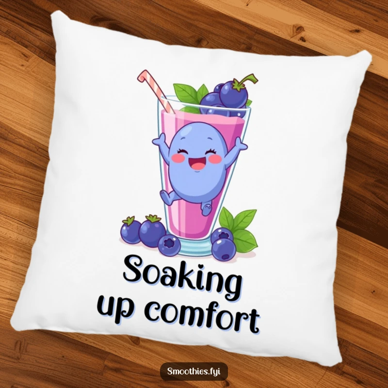 Funny plump blueberry character leaping into a smoothie glass, perfect for a comfy pillow.