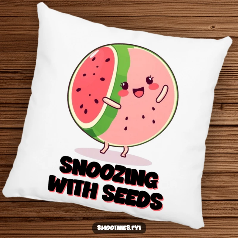 Funny kawaii watermelon slice pillow, happily cartwheeling with a smile, a soft and humorous decorative item.