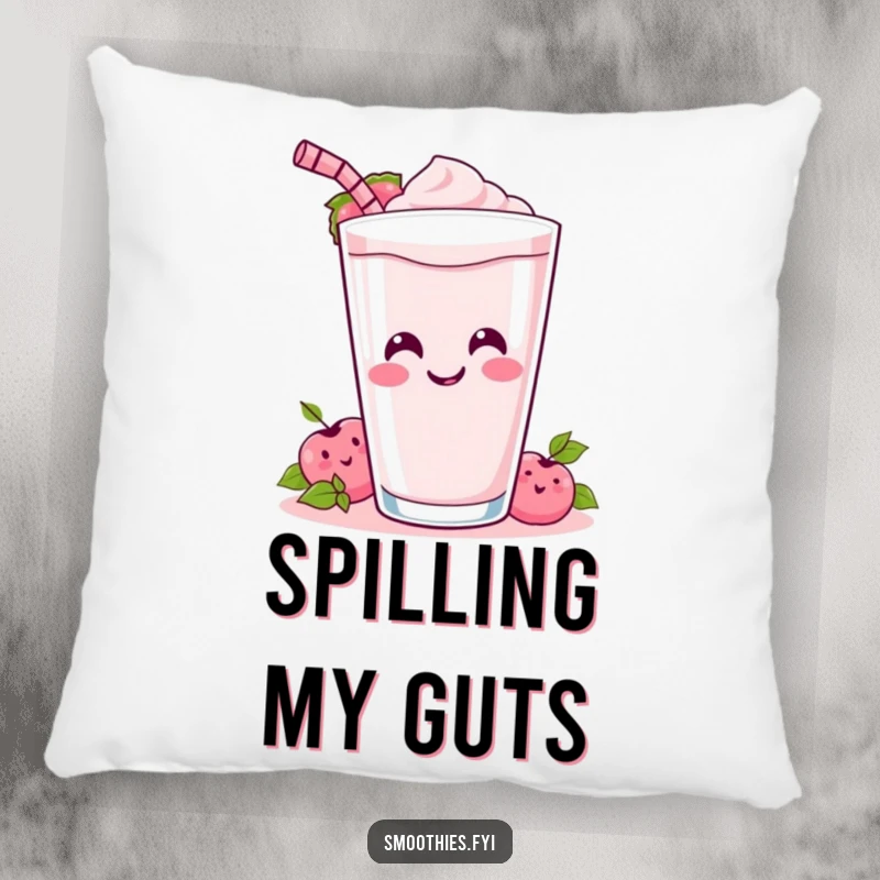 Funny Pillow: A cute Kawaii smoothie spills its drink with a wide smile, offering soft comfort and humor.