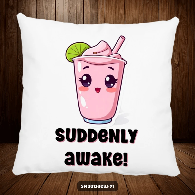 Funny pillow with a surprised kawaii smoothie character, wide-eyed and popping from a cup, providing humorous comfort and delightful shock.