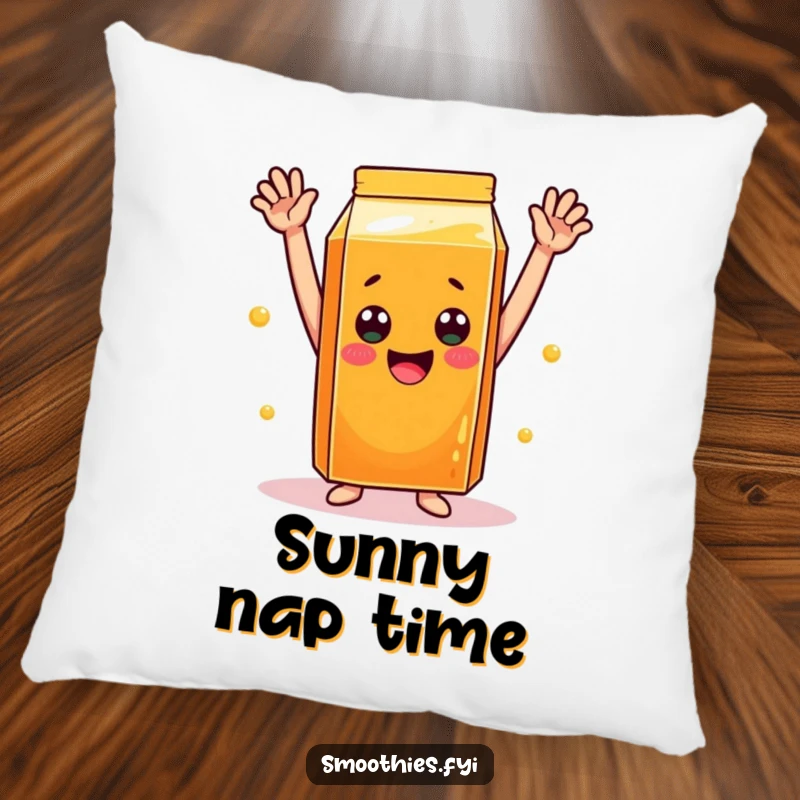 Funny orange juice carton pillow with arms raised in a celebratory pose, offering comfort and cheerful humor.