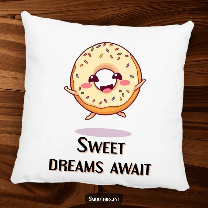 Funny donut pillow with sprinkles doing a playful jump and giggling, offering comfort and sweet humor.