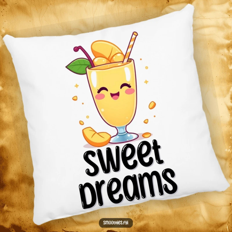 Funny pillow with a whimsical mango smoothie character spinning with delight, offering cozy comfort and playful decor.
