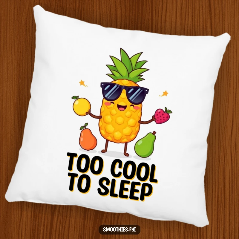 Funny pineapple with sunglasses juggles fruit on a soft pillow, providing comfort, humor, and a tropical touch.