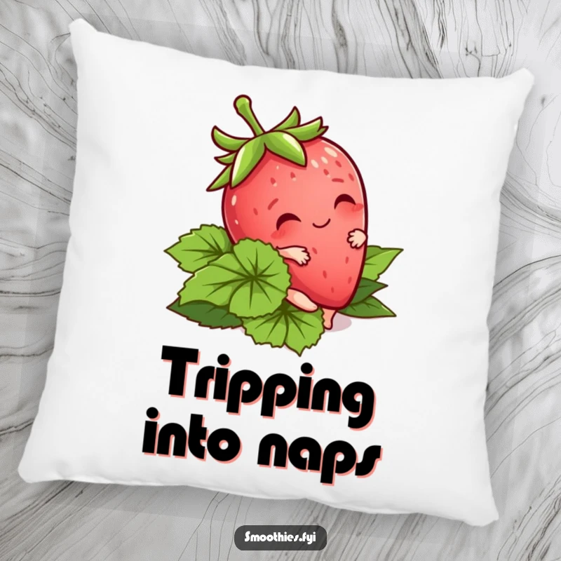 Funny Kawaii Strawberry Pillow featuring a cute character tripping over its leaves. Offers comfort and adorable humor.
