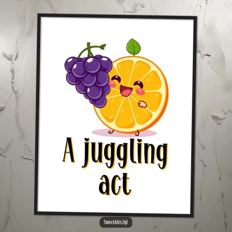 Funny Kawaii Orange Slice Digital Art Print of a character juggling grapes with a grin. Perfect for instant cheerful decor.