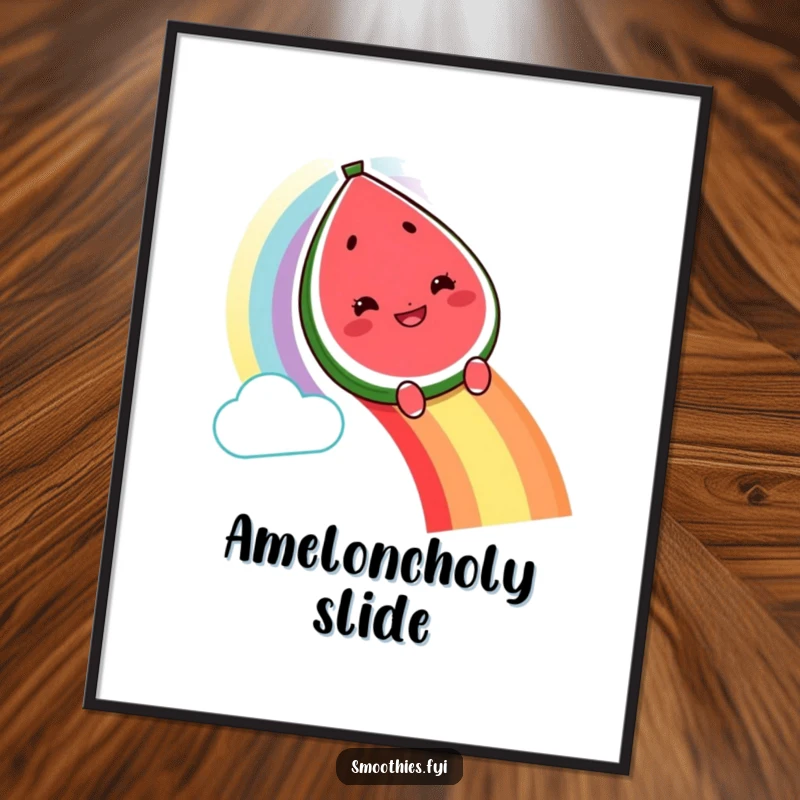 Funny grinning watermelon character digital art print sliding down a rainbow, vibrant and humorous.