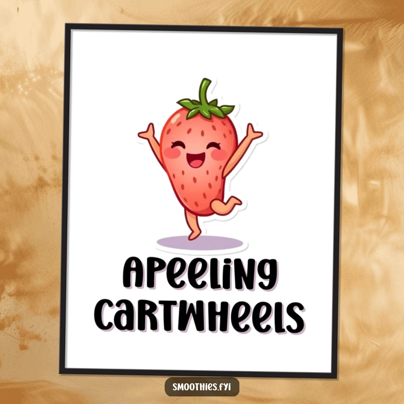 Funny strawberry character digital art print performing a cartwheel with a happy smile, vibrant and cheerful.