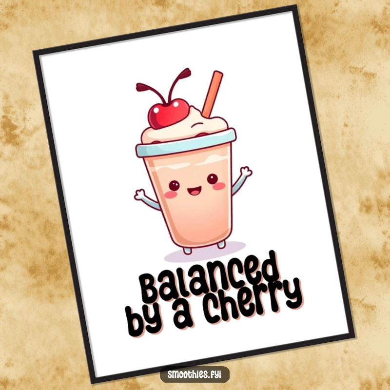 Funny Kawaii Smoothie Cup Digital Art Print of a cute character gleefully bouncing a cherry, ideal for instant cheerful decor.
