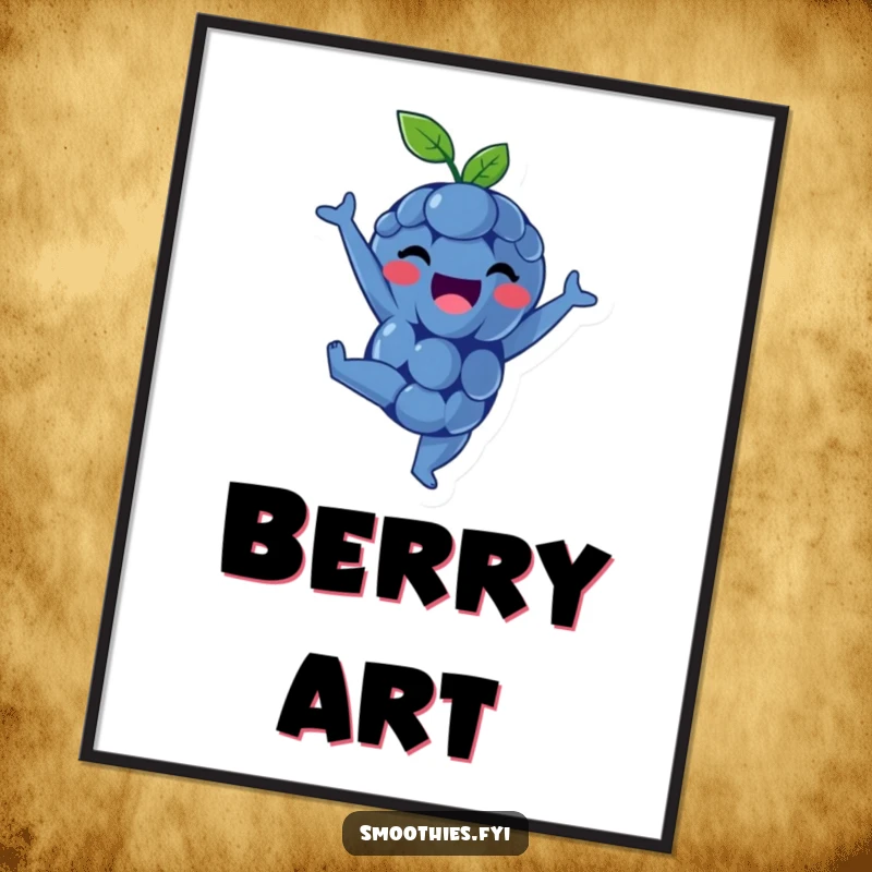 Funny digital art print of a delighted blueberry doing a handstand, ready for download and display.