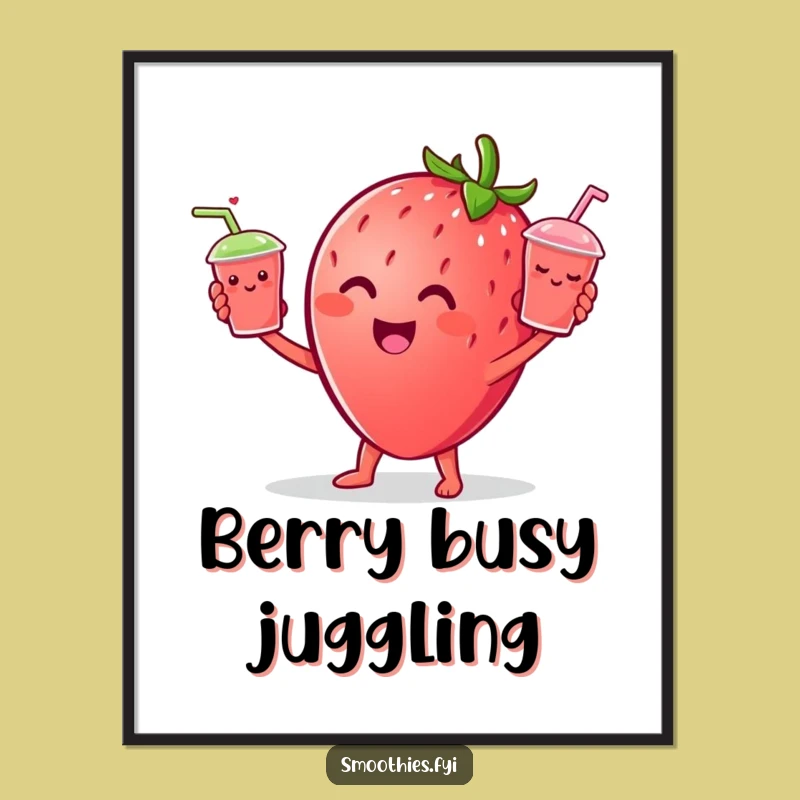 Funny Strawberry Juggling Digital Art Print, Cheerful Fruit Character Decor Gift