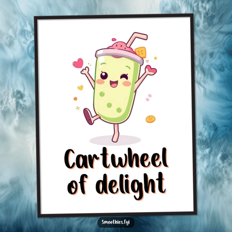 Funny Kawaii smoothie digital art print, character performing a cartwheel with a splash of flavor, energetic and humorous artwork.