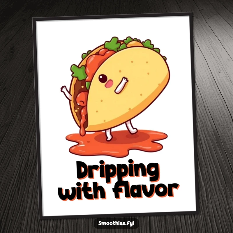 Funny taco character with tiny legs doing a cartwheel with salsa dripping, humorous digital art ready to print.