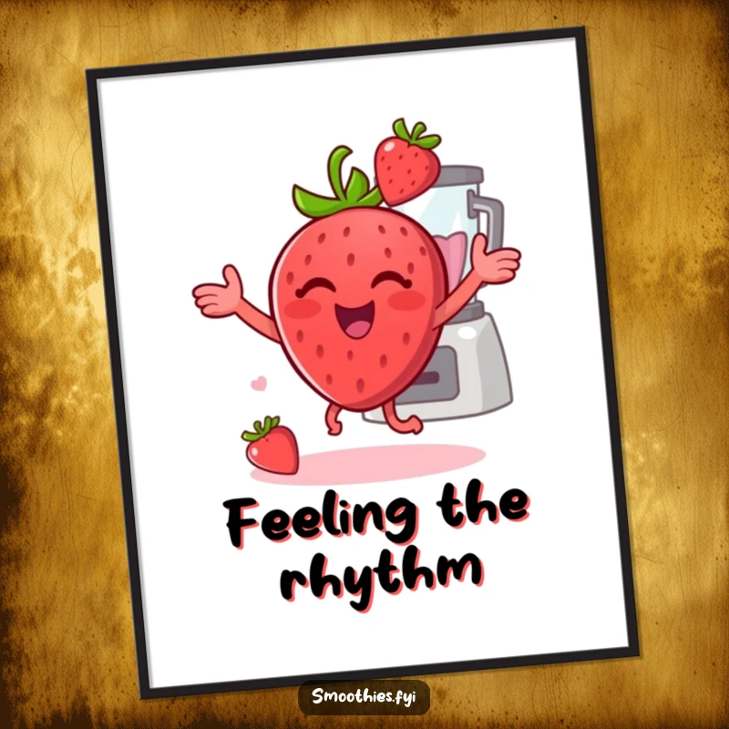 Funny cheerful strawberry dancing with a blender in the background as digital art, offering vibrant and joyful wall decor.