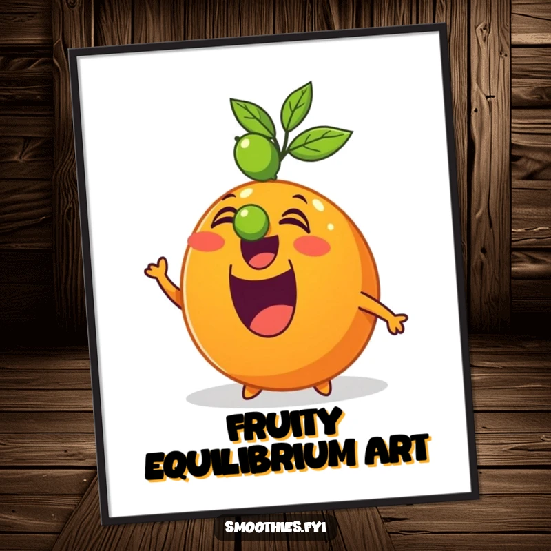 Funny digital art print of an excited orange character perfectly balancing a lime on its nose, ideal for vibrant decor.