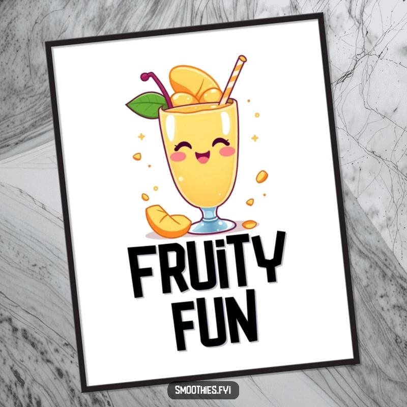 Funny digital art print of a whimsical mango smoothie character spinning with delight, ideal for instant playful and whimsical decor.
